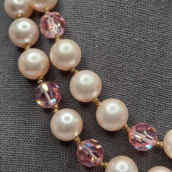 Vintage Pink Faux Pearls Pink Crystals Choker Necklace 1950s - Picture 3 of 11